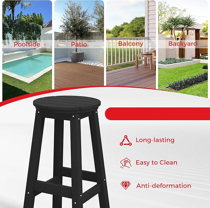 Costaelm 29" Height Outdoor Bar Stools, All-Weather Bar Stools, Adirondack Poly Patio Round Bar Stool for Patio, Deck, Kitchen Counter and Garden, Black