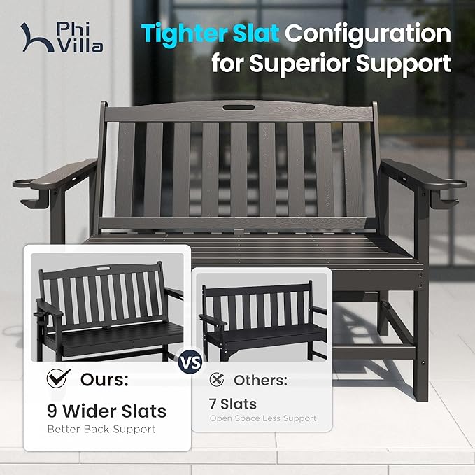 PHI Villa 50 Inch HDPE Outdoor Garden Bench, Park Bench with Reinforced Support Structure, 700 lbs Capacity, 2 Seat All Weather Bench for Outdoors, Patio, Park, Yard and Porch, Black
