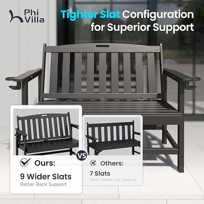 PHI Villa 50 Inch HDPE Outdoor Garden Bench, Park Bench with Reinforced Support Structure, 700 lbs Capacity, 2 Seat All Weather Bench for Outdoors, Patio, Park, Yard and Porch, Black