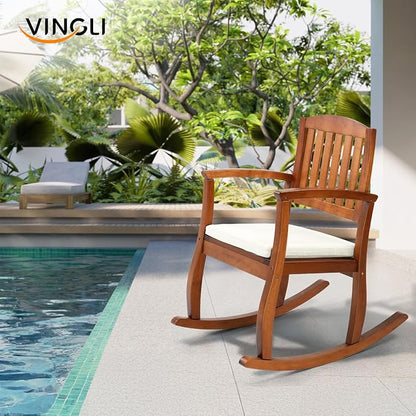 VINGLI Patio Rocking Chair with Cushion, Wood Rocking Bench with Comfortable Backrest, Outdoor Wooden Rocker Support 450 LBS for Indoors & Outdoors (Teak, 1 PCS)