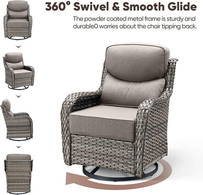 Swivel Patio Chairs sofa Set of 5 with 6" Thick Cushion - Wicker Outdoor Swivel Rocker Patio Chair ,Sofa/Glass coffee table, High Back Comfortable Outdoor Glider Chairs - Grey Wicker | Grey Cushions