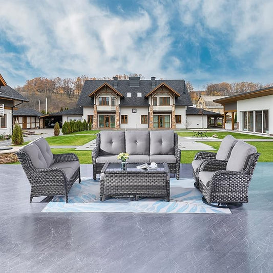 Rilyson Wicker Patio Furniture Set - 7 PC Rattan Outdoor Sectional Conversation Sets with 2 Rocking Swivel Chairs,2 Ottomans,1 Sofa,1 Loveseat and 1 Coffee Table for Porch Deck(Mixed Grey/Grey)