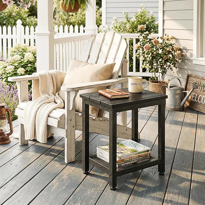 ODK Outdoor Double Side Table, Adirondack Patio End Table with Weather-Resistant Waterproof Top for Hot Tub Garden, Balcony, Poolside, Black