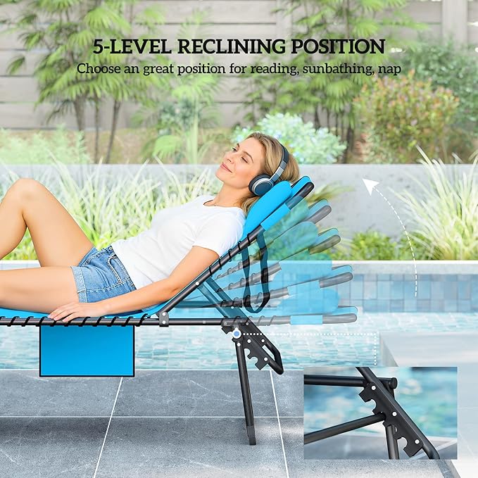 Outsunny Folding Chaise Lounge with 5-Level Reclining Back, Tanning Chair with Face Hole, Outdoor Lounge Chair with Side Pocket & Headrest for Beach, Yard, Patio, Blue