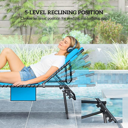 Outsunny Folding Chaise Lounge with 5-Level Reclining Back, Tanning Chair with Face Hole, Outdoor Lounge Chair with Side Pocket & Headrest for Beach, Yard, Patio, Blue