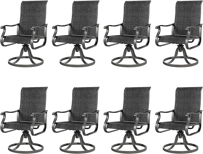 Amopatio Patio Swivel Chairs Set of 8, Outdoor Swivel Rocker Dining Chairs with All Weather Textilene High Back & Metal Frame, for Backyard Deck Lawn Garden, Dark Grey