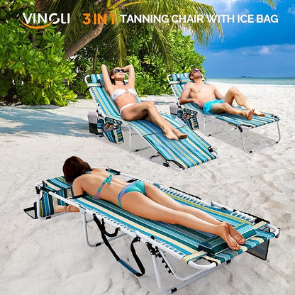 VINGLI Oversized Tanning Chair with Face Hole & Carrying Bag, Beach Lounge Chair Outdoor for Adults, Folding Lounge Chair for Sun Tanning, laying Out Chairs for Tanning Lounger Outside, 475lbs, Stripe