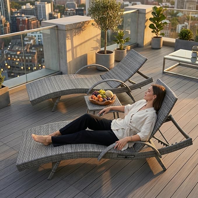 80.3" Chaise Lounge Outdoor Set of 2, Wicker Pool Lounge Chairs Outdoor with Pull-Out Side Table - Photo 9