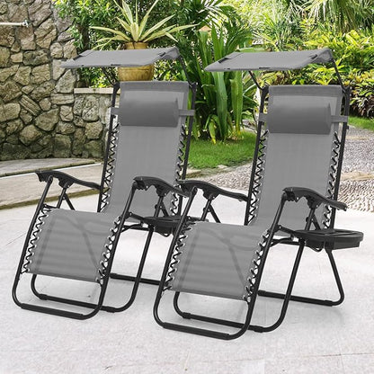MoNiBloom Zero Gravity Chair Set of 2 with Canopy Shade, Patio Folding Anti Gravity Recliner, Foldable Outdoor Lounger with Cup Holder Tray for Beach Camping, Grey