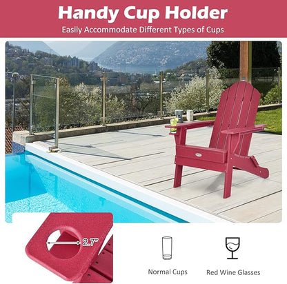 Tangkula Outdoor Folding Adirondack Chair, HDPE Armchairs with Cup Holder, Weather Resistant Lounger Chair for Patio Garden Fire Pit Backyard, Lawn Porch Seating, Adirondack Lounger (4, Red)