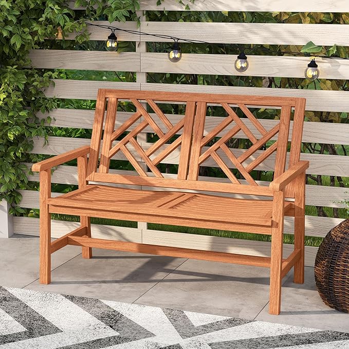 Tangkula Outdoor Wood Bench, 2-Person Patio Loveseat Chair with Geometric Backrest, Built-in Armrests & Slatted Seat, 660 lbs Weight Capacity, Garden Bench for Porch, Backyard & Poolside