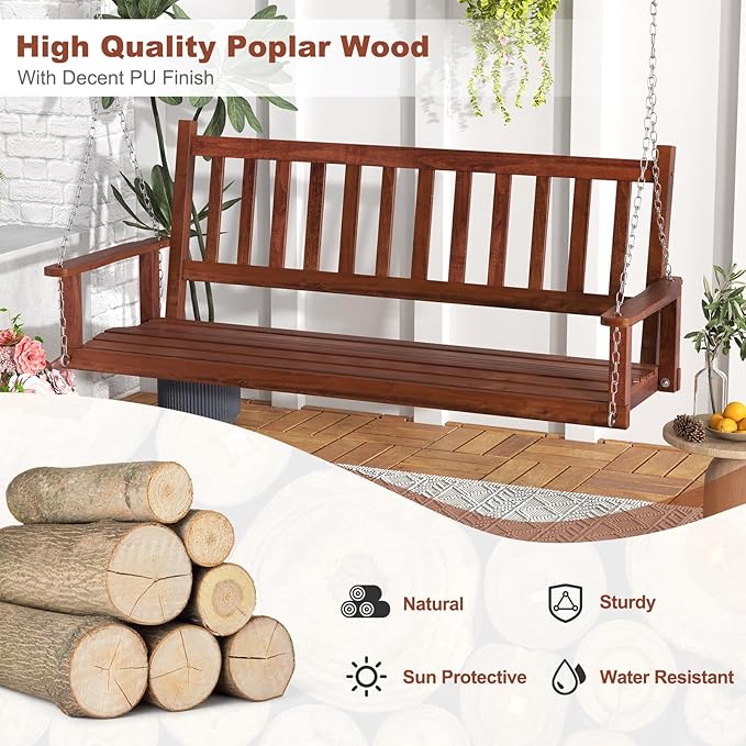 Tangkula 3 Person Wooden Porch Swing, Hanging Patio Swing with 2 Adjustable Galvanized Metal Chains, Slatted Back & Seat - Photo 2