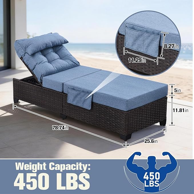 Outdoor Chaise Lounge Chair, Patio Rattan Adjustable Recliner with 5-Inch Thick Cushion - Photo 2
