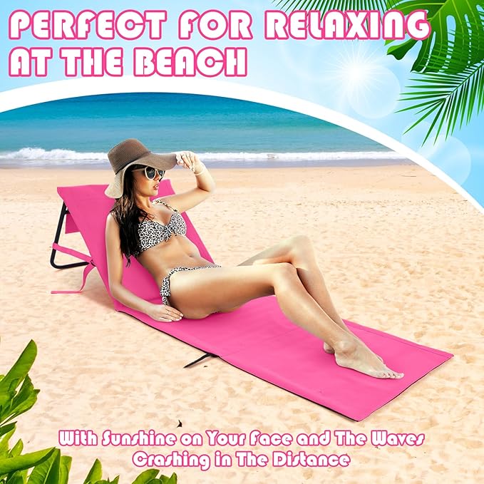 2 Pack Folding Beach Lounge Chair for Adults Couple Portable Sun Lounger Lightweight Tanning Mat with Storage Pocket Adjustable Position Lawn Chairs Patio Chaise Outdoor Sunbathing Camping
