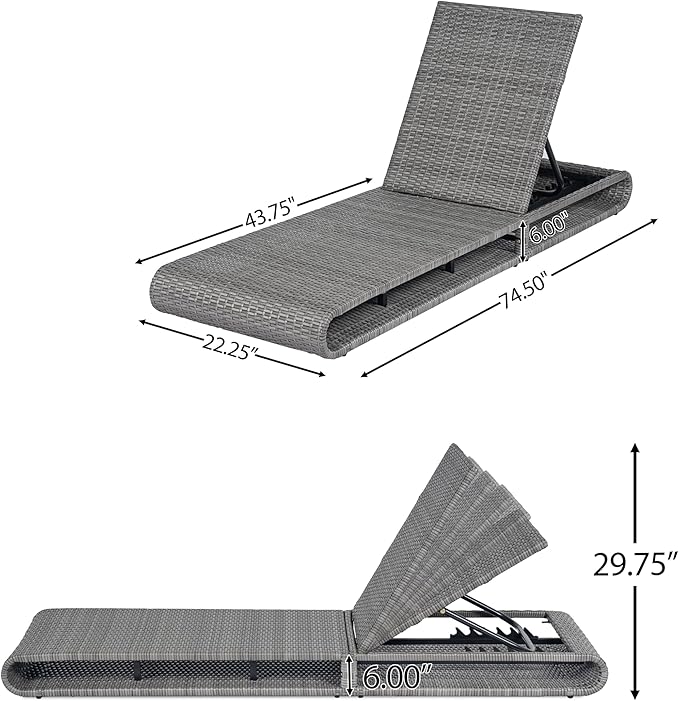 GDFStudio Chaise Lounge Outdoor Chairs Patio Lounge Chair Adjustable 6-Position PE Rattan Wicker Backrest Recliner Full Flat Tanning Sunbathing Iron Reclining for Outside Beach Pool, Grey