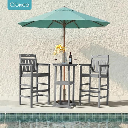 Ciokea 3-Pcs Bistro Table and Chairs, All-Weather Round High Top Bar Table with Storage Shelf and 2 Oversized Adirondack Chairs, Heavy Duty Outdoor Bar Set Patio Bistro Set for Balcony Deck, Grey