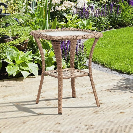 Patio Wicker Side Table, Outdoor PE Rattan End Table with 5mm Tempered Glass Top and 2-Tier Storage Shelf, 20" Square Coffee Table for Deck Porch Garden Backyard-Yellow Wicker