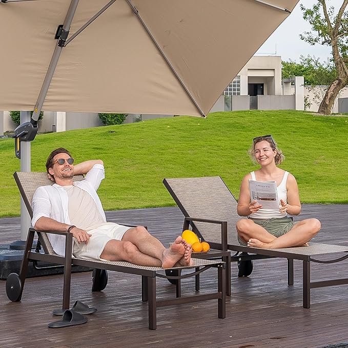 PURPLE LEAF Outdoor Chaise Lounge Chair Set of 2 with Armrests, Aluminum Patio Loungers with Wheels and Adjustable Backrest, Includes Side Table for Deck, Outside, Lawn, Garden, Beige