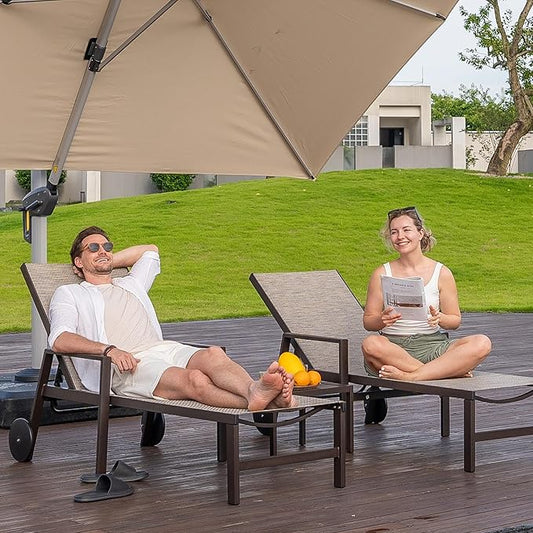PURPLE LEAF Outdoor Chaise Lounge Chair Set of 2 with Armrests, Aluminum Patio Loungers with Wheels and Adjustable Backrest, Includes Side Table for Deck, Outside, Lawn, Garden, Beige