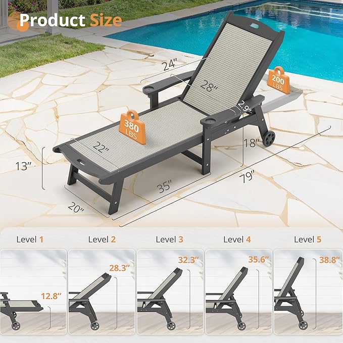 LUE BONA Chaise Lounge Chair Outdoor Set of 2, HDPS and HDPE Wicker Material - Photo 2