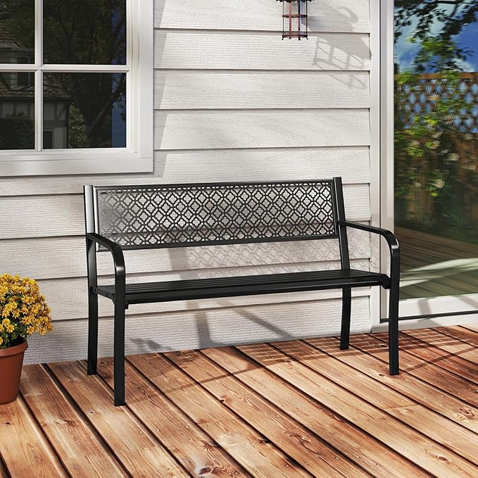 Tangkula 50 Inches Outdoor Garden Bench, Metal Patio Park Bench with Geometric Lattice Backrest, Armrests and Slatted Seat, Outdoor Loveseat Chair for Porch, Lawn and Yard (Black)