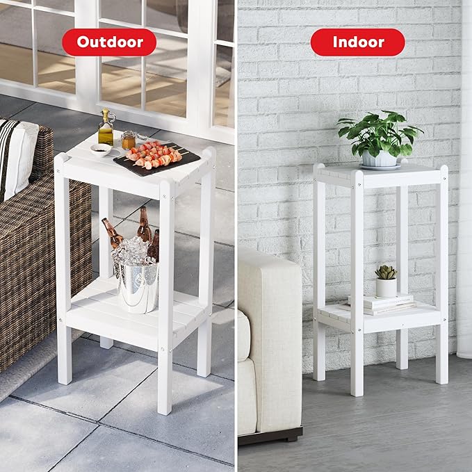 Costaelm Outdoor Side Table, 2-Tier Small Patio Coffee Tables for Outside, Outdoor End Tables for Patio, Adirondack Side Table for Outside, Outside Table for Pool, Porch, Garden, White