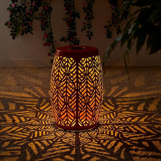 Glitzhome 18.25" H Outdoor Side Table with Leaf Pattern Solar Powered Light, Iron Cutout Drum Garden Stool Solar Decorative Lanterns, Metal End Table Plant Stand for Indoor Outdoor, Orange