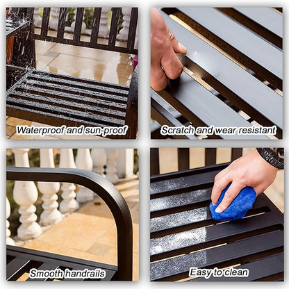 Weatherproof Outdoor Bench, Patio Metal Garden Bench with Built in Table for Yard Lawn Decor Deck(Brown)