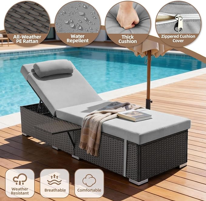 Outdoor Chaise Lounge with Adjustable Backrest Set of 4, 6-Position Reclining Lounger Pool Chair, Thick 3-Inch Cushion & Side Tray, All-Weather PE Wicker for Outdoor, Backyard, Deck (Gray)