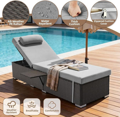 Outdoor Chaise Lounge with Adjustable Backrest Set of 4, 6-Position Reclining Lounger Pool Chair, Thick 3-Inch Cushion & Side Tray, All-Weather PE Wicker for Outdoor, Backyard, Deck (Gray)