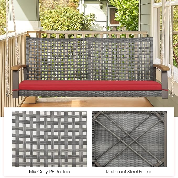 Tangkula 2-Person Outdoor Porch Swing with 118" Hanging Ropes, Patiojoy PE Wicker Patio Hanging Swing Bench with Soft Seat Cushion & 800 Lbs Weight Capacity, Suitable for Patio, Garden (Red)