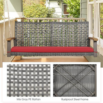 Tangkula 2-Person Outdoor Porch Swing with 118" Hanging Ropes, Patiojoy PE Wicker Patio Hanging Swing Bench with Soft Seat Cushion & 800 Lbs Weight Capacity, Suitable for Patio, Garden (Red)