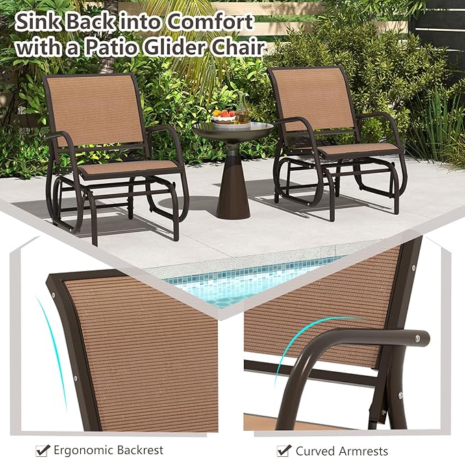 Tangkula Swing Glider Chair, Ergonomic Rocking Chair with Comfortable Fabric, Iron Frame, 4 Non-Slip Foot Pads, Outdoor Patio Glider Rocker Chair for Living Room, Garden, Backyard (1, Brown)
