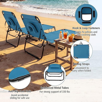 Tangkula Beach Lounge Chair, Folding Sunbathing Recliner with Face Hole, Face Down Tanning Chair with 4-Level Adjustable Backrest & 3 Removable Pillows, Chaise Lounge Chair for Patio (1, Blue)