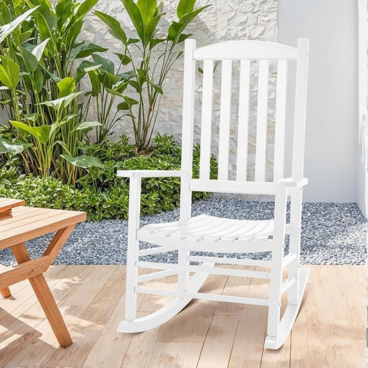 Wooden Outdoor Rocking Chair, Oversized Patio Rocking Chair w/400lbs Support & High Backrest | Porch, Lawn, Garden, Backyard，White