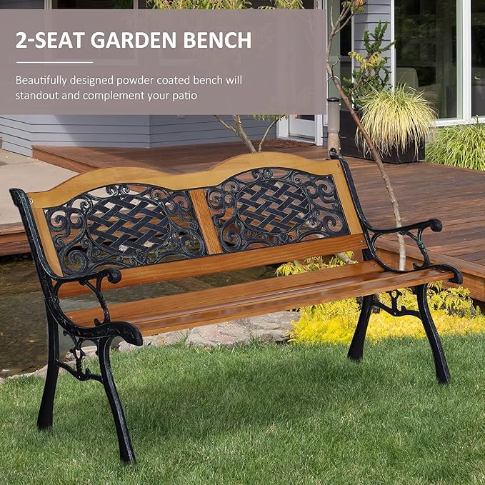 50" Outdoor Garden Bench with Wood Seat and Metal Frame 528 lb Capacity Classic Comfort Patio Bench with Antique-Like Flourishes for Backyard Deck Lawn Outside Pool Natural