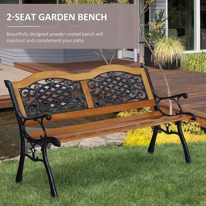 50" Outdoor Garden Bench with Wood Seat and Metal Frame 528 lb Capacity Classic Comfort Patio Bench with Antique-Like Flourishes for Backyard Deck Lawn Outside Pool Natural