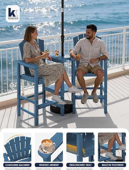 KINGYES Tall Adirondack Chair Set of 4, Embossed Balcony Height Chair with Removable Double Connecting Trays, Tall Poly Adirondack Chair, High Airondack Chair with Wood Grain, Deck, Lawn, Blue