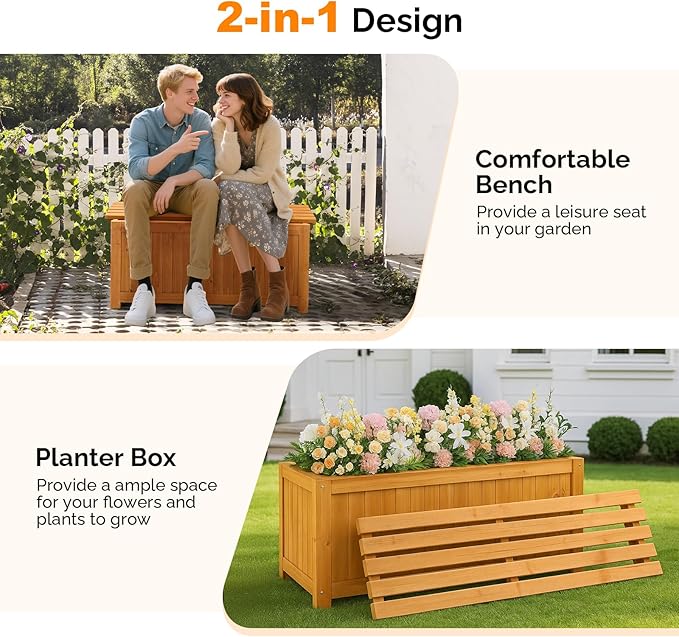 VINGLI Outdoor Wood Bench with Planter Boxes, 2-in-1 All-Weather Porch Bench Seat ＆ Open-Ended Wooden Raised Garden Bed, for Balcony Yard Patio (2 Boxes + Rectangle)