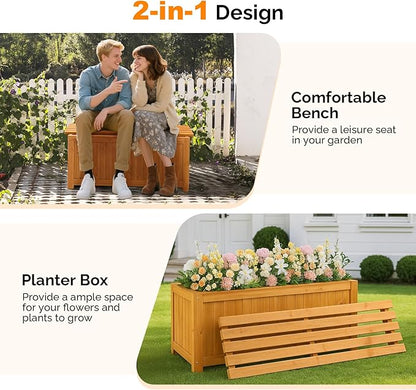VINGLI Outdoor Wood Bench with Planter Boxes, 2-in-1 All-Weather Porch Bench Seat ＆ Open-Ended Wooden Raised Garden Bed, for Balcony Yard Patio (2 Boxes + Rectangle)