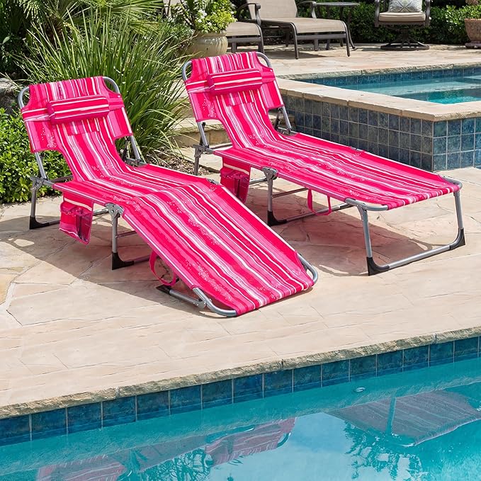 Giantex Face Down Tanning Chair, Folding Beach Lounge Chair w/ 4-Position Adjustable Backrest, Outdoor Sunbathing Lounge Chair w/Face Arm Hole & Storage Pocket for Patio Deck Poolside (1 Pink Stripe)