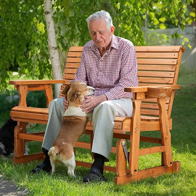 VINGLI Outdoor Glider Wood Patio Chair with Cup Holders, Outdoor Bench Glider Loveseat with Smooth Rocking Mechanism, Heavy Duty 800 LBS
