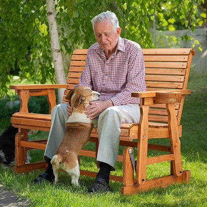 VINGLI Outdoor Glider Wood Patio Chair with Cup Holders, Outdoor Bench Glider Loveseat with Smooth Rocking Mechanism, Heavy Duty 800 LBS