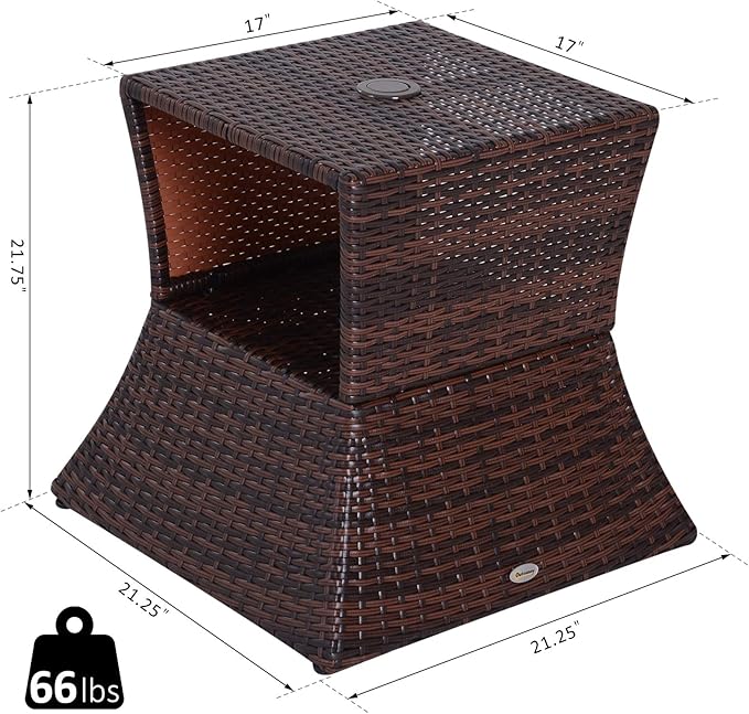 Outsunny Outdoor Side Table with Umbrella Hole, 2 Tier Rattan Wicker End Table with Storage Shelf, All Weather for Outdoor, Patio, Garden, Backyard, Mixed Brown