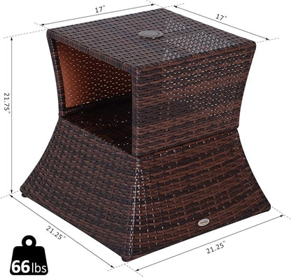 Outsunny Outdoor Side Table with Umbrella Hole, 2 Tier Rattan Wicker End Table with Storage Shelf, All Weather for Outdoor, Patio, Garden, Backyard, Mixed Brown