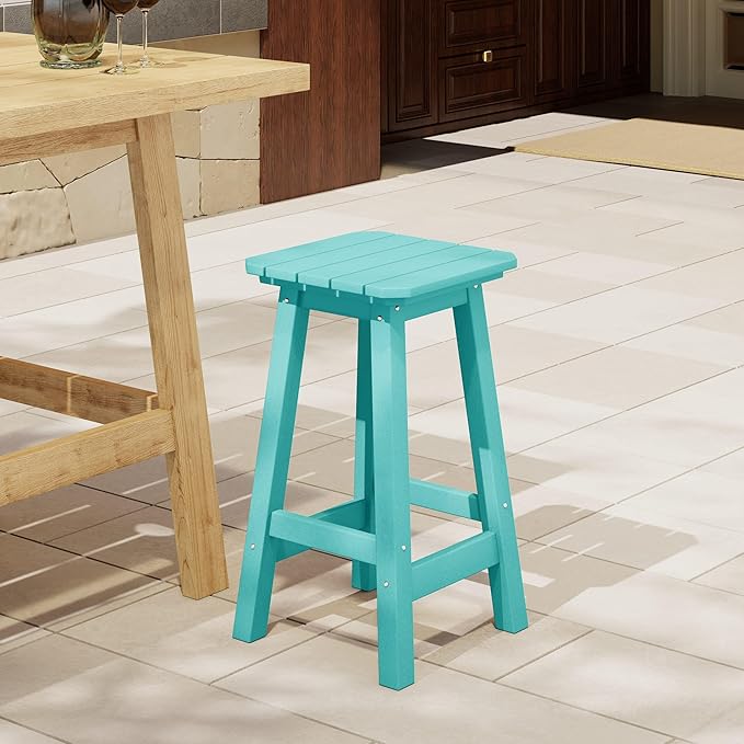 Costaelm 24" Height Outdoor Bar Stools, All-Weather Bar Stools, Adirondack Poly Patio Square Bar Stool for Patio, Deck, Kitchen Counter and Garden, Turquoise