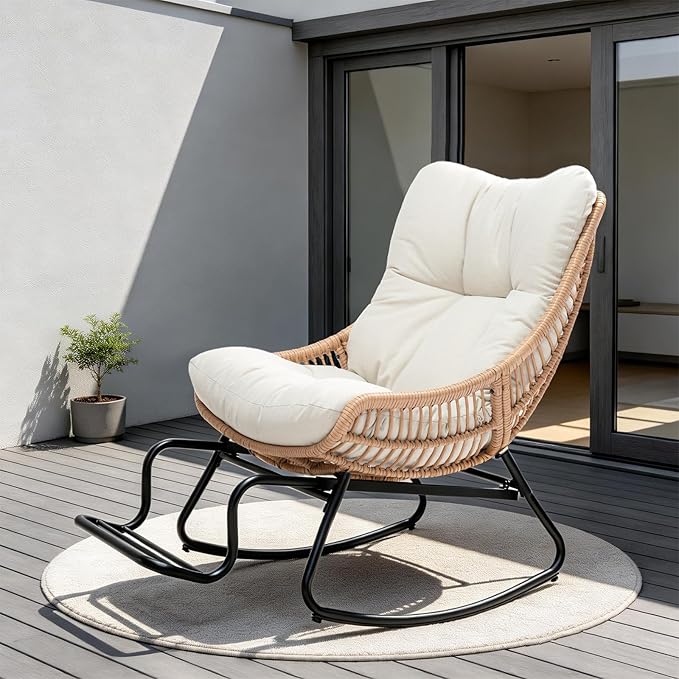 Outdoor Papasan Rocking Chair with Adjustable Footrest, Comfy Outdoor Lounge Chairs Heavy Duty Oversized Rocking Egg Chair Perfect for Patio Deck Garden and Indoor Use