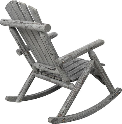 Log Wooden Rocking Chair - Porch Rocker with Slatted Seat & Backrest | Wood Rocking Chair Outdoor Accent Furniture for Balcony, Garden, Poolside, Backyard Gray