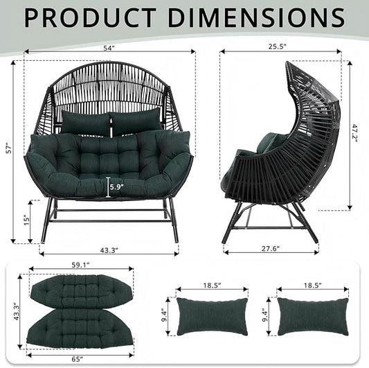 IRONCK 2 Person Egg Chair Indoor Outdoor, Double Lounge Chair, Update Frame, Cushions and Headrests, 700 lbs Egg Loveseat for Garden, Porch, Living Room, Dark Green
