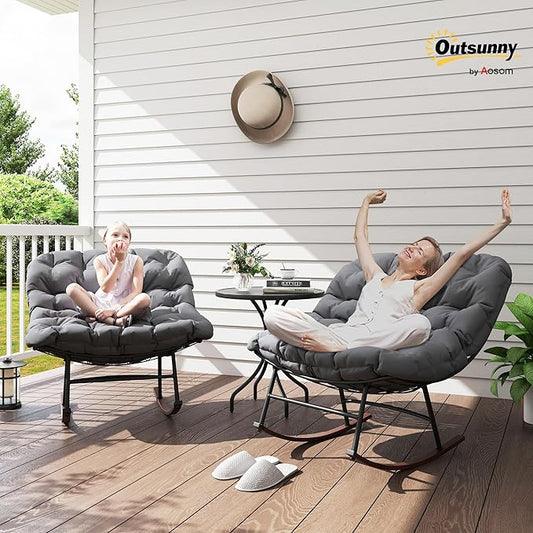 Outsunny Outdoor Rocking Chair Set of 2, Oversized Rocking Papasan Chairs with Cushions, Steel Frame, Comfy Outdoor Rockers for Patio Porch Lawn Garden, Gray